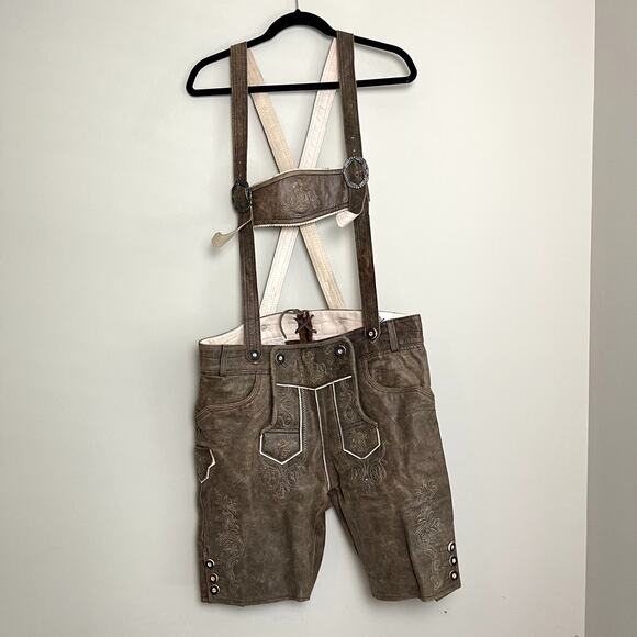 Lederhosen4U Suspenders Leather Medium Brown Embroidered Oktoberfest Sz 52 - Picture 3 of 9
